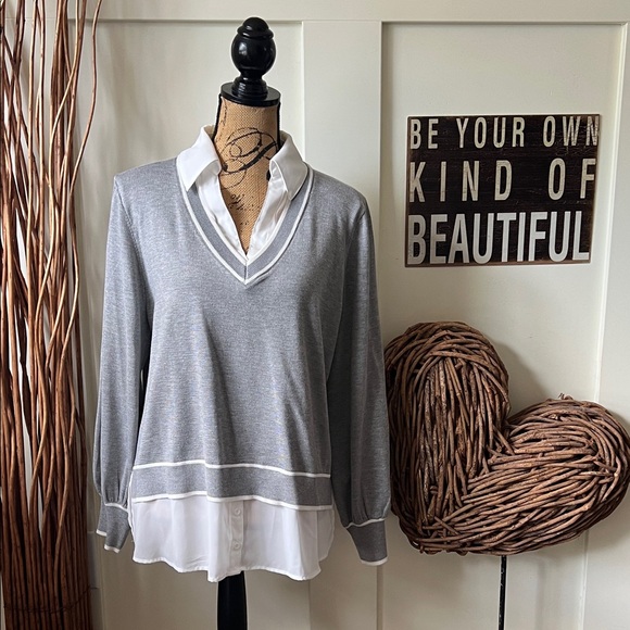 Adrianna Papell Silver V-Neck Sweater - Picture 1 of 8